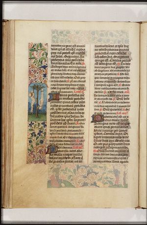 The martyrdom of two male saints: they are hanging from a tree, one by his hands, the other by his legs