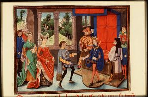 St. Hubert of Liège offers his services to Pepin of Heristal; the conversion of St. Hubert (background)
