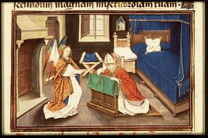 An angel announces St. Hubert of Liège's approaching death