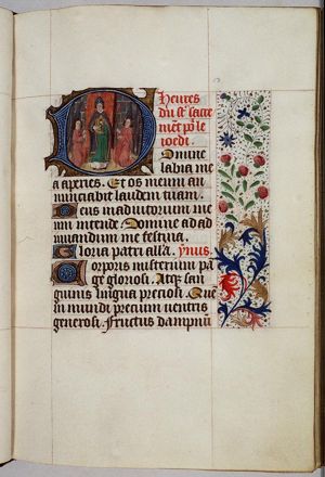 A priest showing the Holy Sacrament, with two angels holding candles