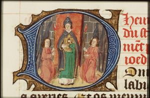 A priest showing the Holy Sacrament, with two angels holding candles
