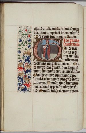 St. Barbara holding a book and a palm, a tower beside her