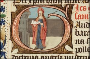 St. Barbara holding a book and a palm, a tower beside her