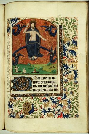 The Last Judgement: Christ on a rainbow raises the dead; four angels holding Instruments of the Passion