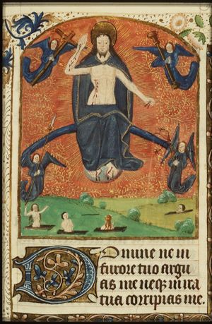 The Last Judgement: Christ on a rainbow raises the dead; four angels holding Instruments of the Passion