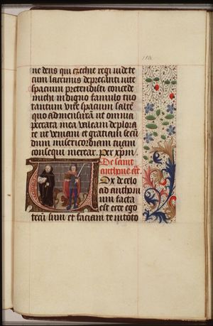St. Antony Abbot of Egypt holding a book and a bell, with a pig, and St. Adrian of Nicomedia holding an anvil and a sword, with a lion