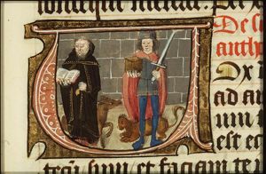 St. Antony Abbot of Egypt holding a book and a bell, with a pig, and St. Adrian of Nicomedia holding an anvil and a sword, with a lion