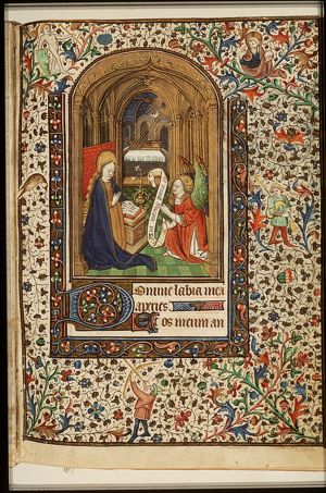 The Annunciation: Gabriel announces Christ's birth to Mary; God blessing in heaven (margin)