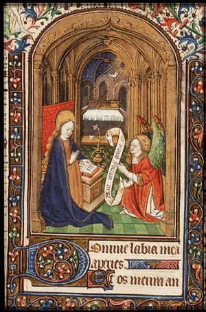 The Annunciation: Gabriel announces Christ's birth to Mary; God blessing in heaven (margin)