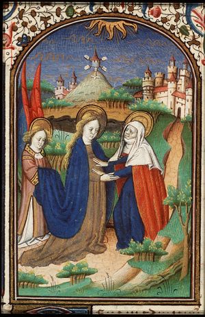 The Visitation: Mary, accompanied by an angel, meets St. Elisabeth