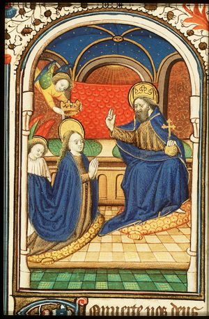 The coronation of Mary by an angel before God enthroned in heaven