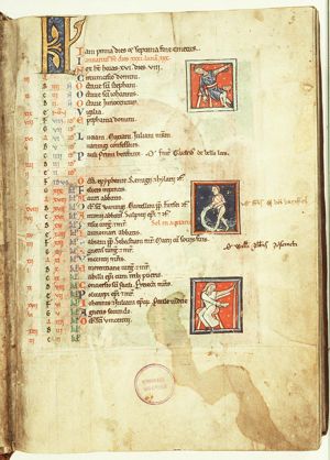 Three small miniatures: two of bloodletting (above and below) and in the middle Aquarius for January