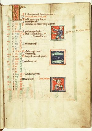 Three small miniatures: two of bloodletting (above and below) and in the middle Pisces for February