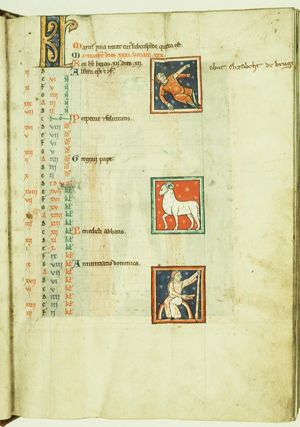 Three small miniatures: two of bloodletting (above and below) and in the middle Aries for March