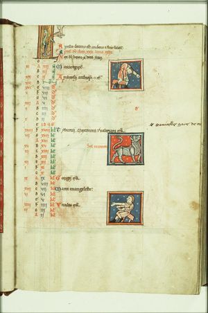 Three small miniatures: two of bloodletting (above and below) and in the middle Taurus for April