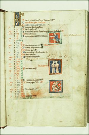 Three small miniatures: two of bloodletting (above and below) and in the middle Gemini for May