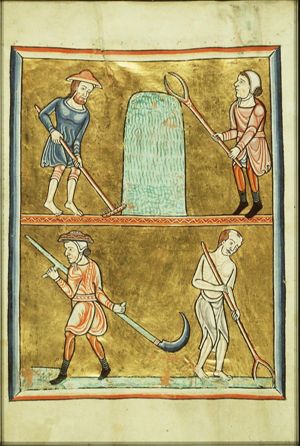 June: men mowing and turning grass and making haystacks