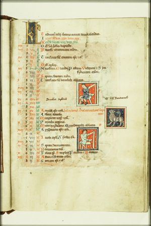 Three small miniatures: two of bloodletting (above and below) and in the middle Leo for July