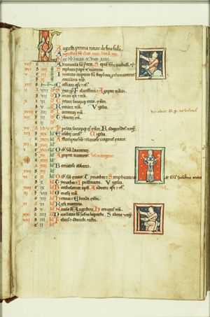 Three small miniatures: two of bloodletting (above and below) and in the middle Virgo for August