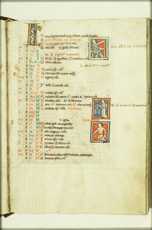 Three small miniatures: two of bloodletting (above and below) and in the middle Libra for September