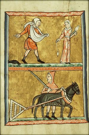 October: men sowing and ploughing; a woman spinning