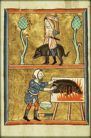 December: a man slaughtering a pig and singeing off his bristles