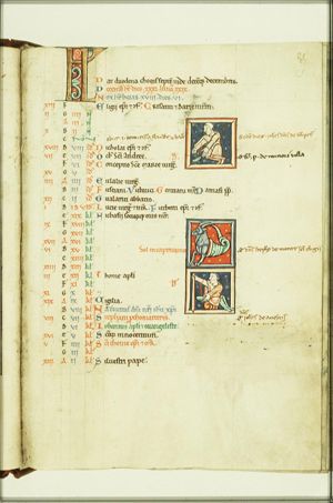 Three small miniatures: two of bloodletting (above and below) and in the middle Capricorn for December