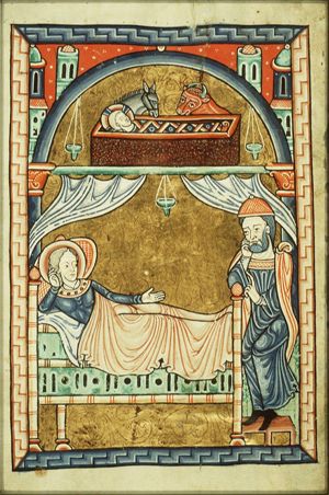 The Nativity: the Christ-child in the manger, Mary lies in bed, St. Joseph at her feet