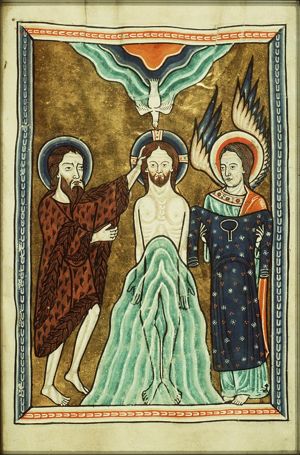 The baptism of Christ by St. John the Baptist, an angel holds Christ's robe