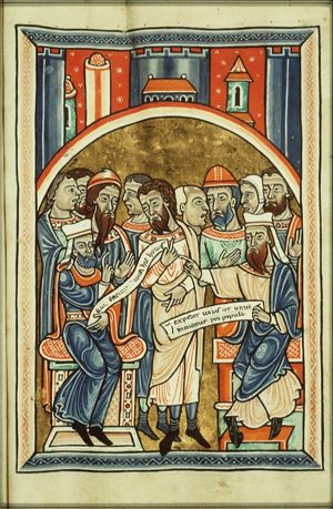 Caiaphas and the priests conspiring against Christ