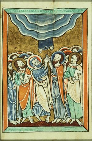 The Ascension: Christ ascends into heaven above the apostles