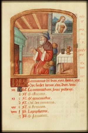 January: a man warming himself at a fire; Aquarius