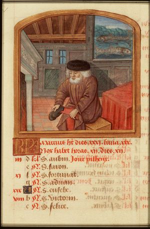 March: a man warming himself at a fire; Pisces