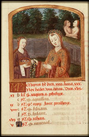 May: two women holding flowers; Gemini
