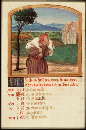 July: a man carrying a ram on his shoulders; Cancer