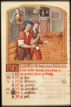 August: two men threshing; Virgo