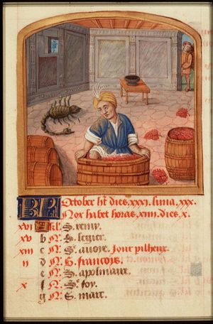 October: a man treading grapes; Scorpio