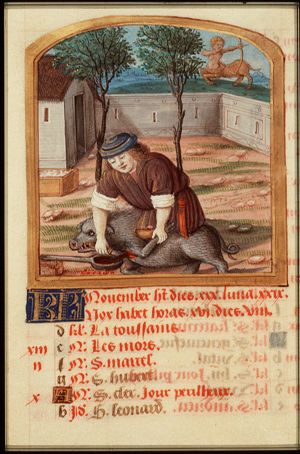 November: a man slaughtering a pig; Sagittarius
