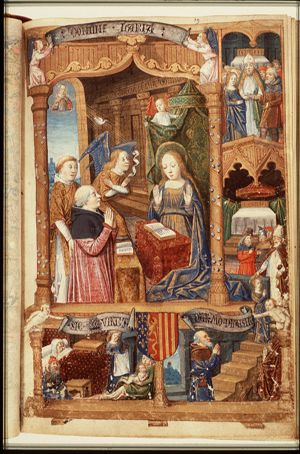 The Annunciation: Gabriel announces Christ's birth to Mary, with donor and deacon