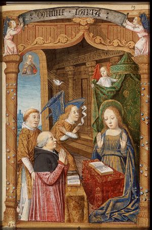 The Annunciation: Gabriel announces Christ's birth to Mary, with donor and deacon