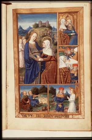 The Visitation: Mary, followed by angels, meets St. Elisabeth