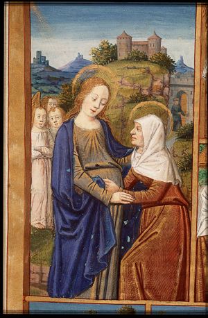 The Visitation: Mary, followed by angels, meets St. Elisabeth