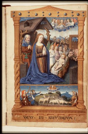 The Nativity: the adoration of the Christ-child by Mary, St. Joseph, and angels