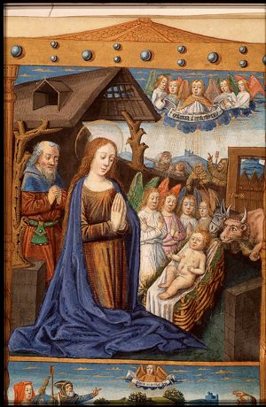 The Nativity: the adoration of the Christ-child by Mary, St. Joseph, and angels