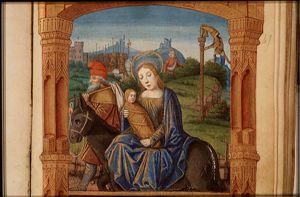 The Flight into Egypt: Mary, St. Joseph and the Christ-child on their way, the idols fall