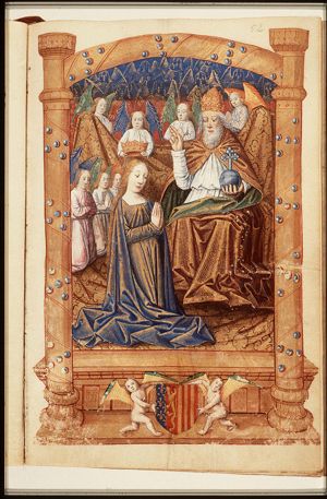 The coronation of Mary by an angel before God enthroned in heaven