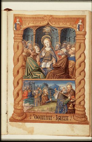 Pentecost: the Holy Spirit descends upon Mary and the apostles; angels holding coats of arms (frame)
