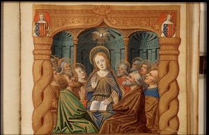 Pentecost: the Holy Spirit descends upon Mary and the apostles; angels holding coats of arms (frame)