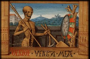 Death holding a spear and a spade, looking into a mirror