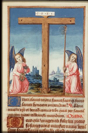 Two angels with Instruments of the Passion: crown of thorns, three nails, cross and lance